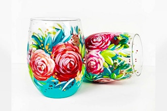 Paint Nite: Teal Stemless Wine Glasses with Roses
